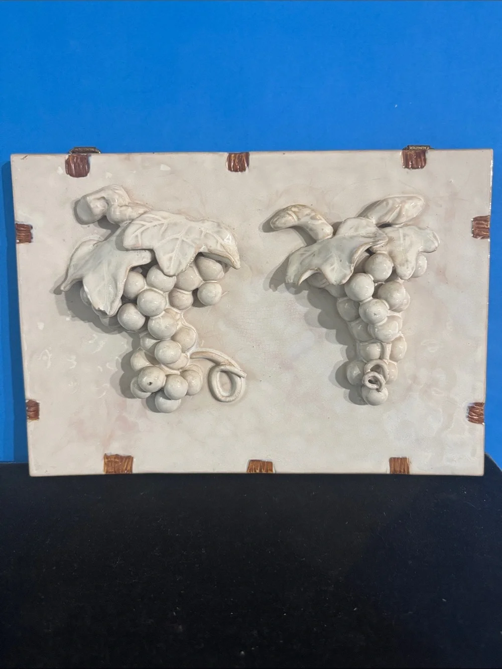 Vintage Ceramic Bunch of Grapes Sculpture on tile wall hanging